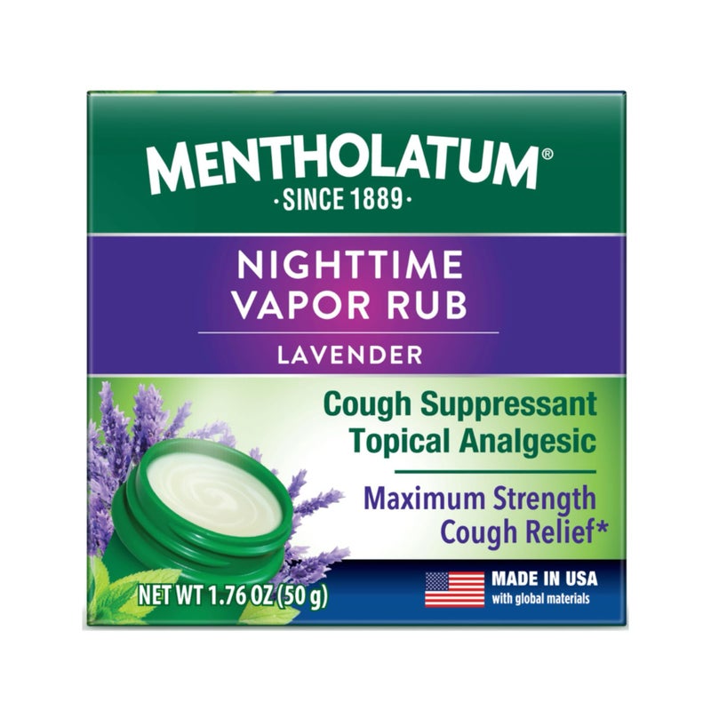 Mentholatum Nighttime Vaporizing Rub, Lavender Scent, Maximum Strength Cough Suppressant, Topical Chest Rub & Analgesic Ointment, Soothing Vapors Relieve Aches & Pains Due to Cold & Cough, 1.76 oz - Image 1