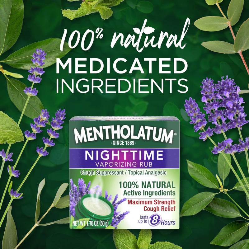 Mentholatum Nighttime Vaporizing Rub, Lavender Scent, Maximum Strength Cough Suppressant, Topical Chest Rub & Analgesic Ointment, Soothing Vapors Relieve Aches & Pains Due to Cold & Cough, 1.76 oz - Image 2