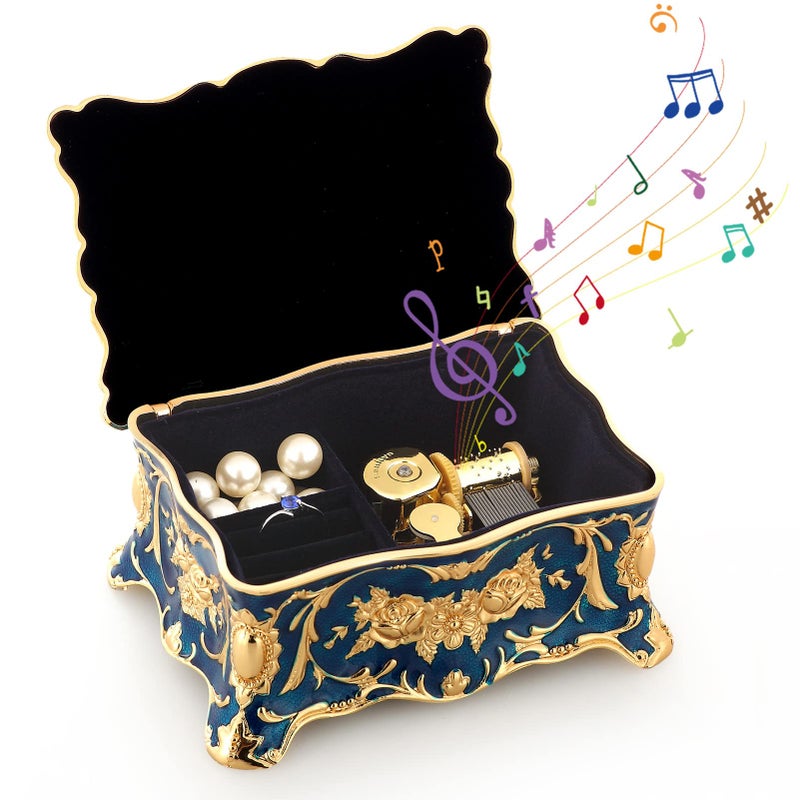 ROSIKING ROSIKING Blue Rectangle Emboss Alloy Metal Music Box Wind Up Antique Jewelry Musical Boxes Christmas Birthday Valentines Day Gifts Plays AnastasiaOnce Upon a December 