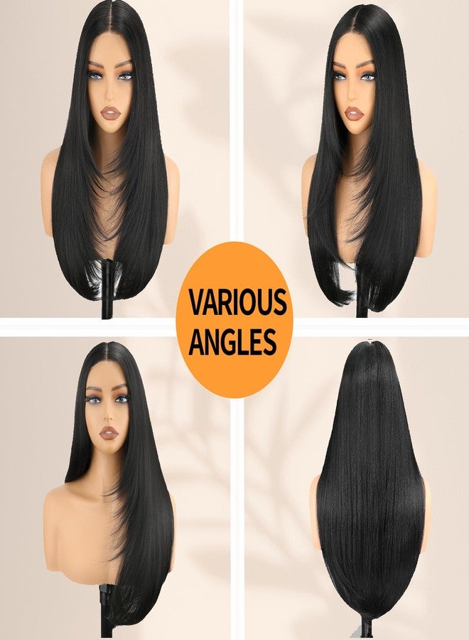 Nostalgia نستالجيا بارك ارتدي واذهب شعر مستعار بدون لاصق شعر مستعار مستقيم أمامي مزين بدون لاصق شعر صناعي بطبقات 24 بوصة مع إغلاق في المنتصف للنساء - Image 3