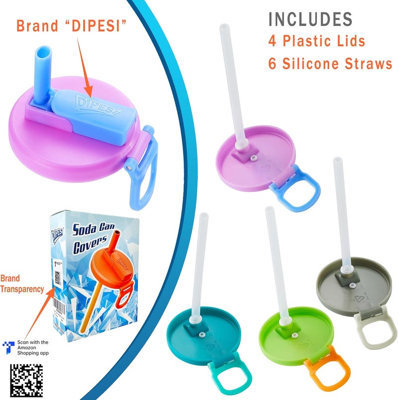 DIPESI 4-pack 4 Color Soda Can Lids with straw, Soda Can Covers with Silicone straw BPA-Free Reusable For Fits standard For Canned Beverage, Beer, Juice,Seltzer. (Colour mixture) - Image 3