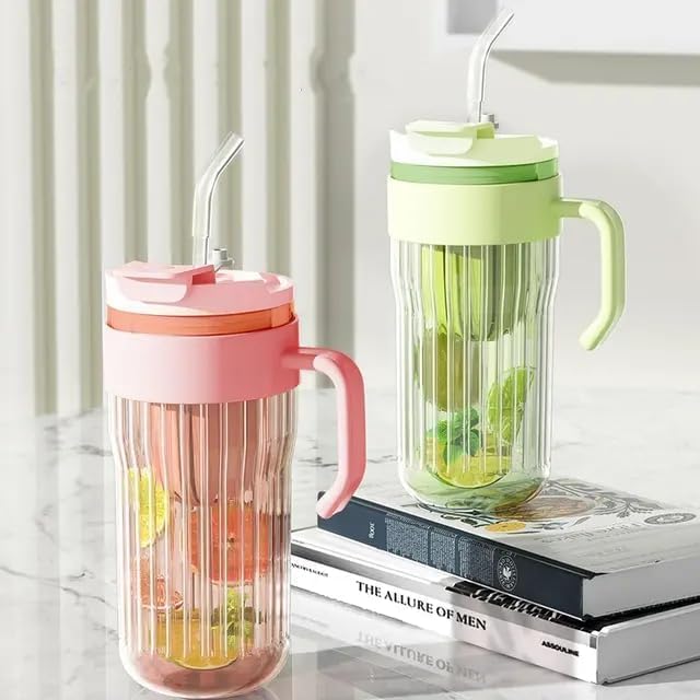 REWOF 500ml Glass Tumbler with Infuser, Lid, Handle & Straw – Reusable Travel Sipper Bottle for Hot/Cold Drinks, Juice, Tea, Coffee, Cocktail – Leakproof Cup (Pack of 1, Random Color) - Image 1