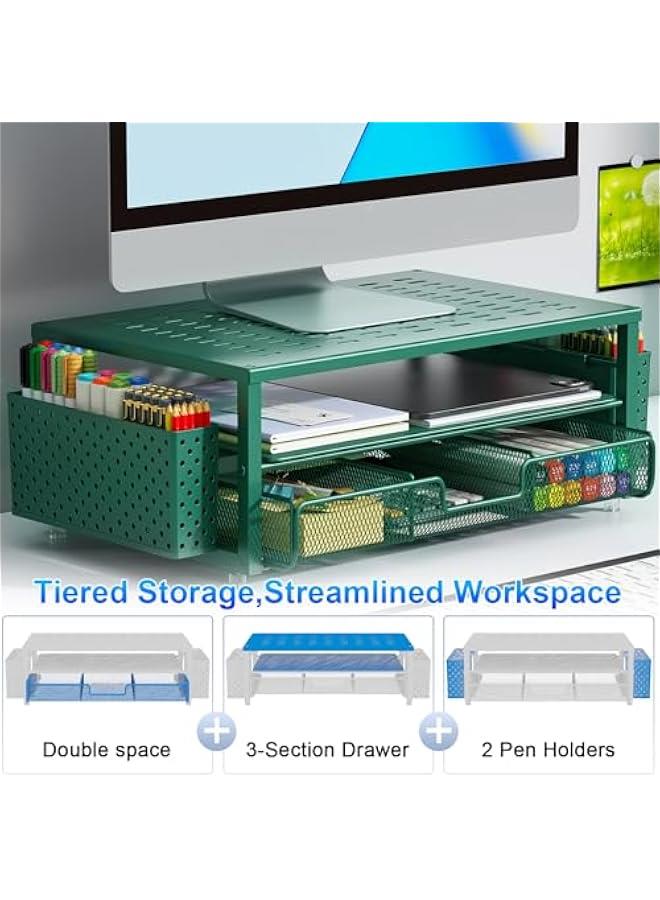 Arabest Desk Organizers and Accessories, Monitor Stand with Drawer and 2 Pen Holder, Desktop Organizer Suitable for Offices and Dormitories (Green) - Image 2