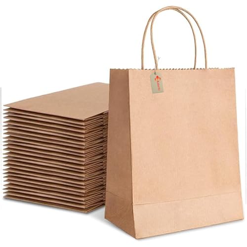 Aakriti Brown Paper Bags with Handles, Size 8.5"x4.5"x11", Pack of 10, Kraft Grocery Shopping Bags, Wedding Party Favor Bags, Retail Merchandise Bags - Image 1