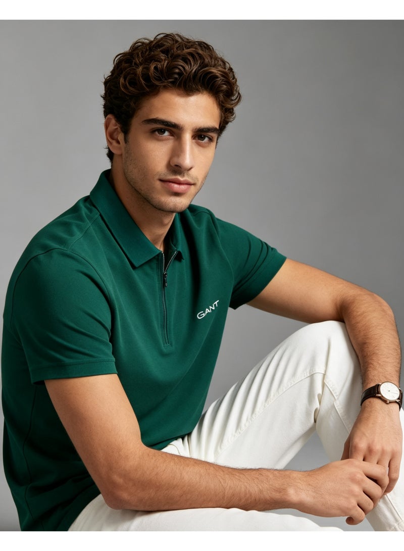 GANT Men Half Zip Short Sleeve Polo Shirt Smart Casual Outfit Deep Green - Image 2