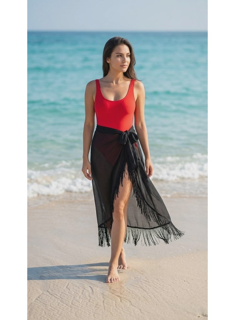 كاش مايوة من الشيفون/الدانتيل One Size لجميع المقاسات من XS الى 2XL متعدد الالوان والاشكال (اسود شراشيب) - Image 2