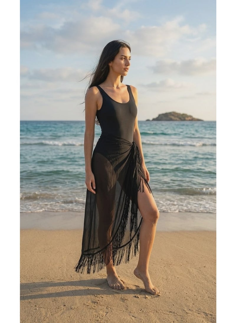 كاش مايوة من الشيفون/الدانتيل One Size لجميع المقاسات من XS الى 2XL متعدد الالوان والاشكال (اسود شراشيب) - Image 1
