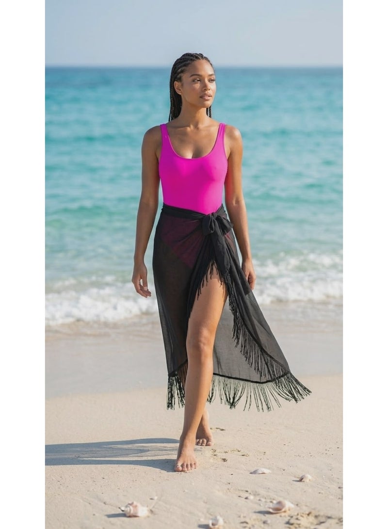 كاش مايوة من الشيفون/الدانتيل One Size لجميع المقاسات من XS الى 2XL متعدد الالوان والاشكال (اسود شراشيب) - Image 3
