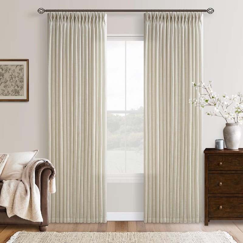 TWODRAPES Farmhouse Linen Curtains 90 Inches Long for Living Room Dining 2 Panels Burlap Flax Pinch Pleated Drapes Hooks Rings Rustic Light Filtering Semi Sheer Tan Beige 90 Inch Curtain for Bedroom W50xL90 - Image 1