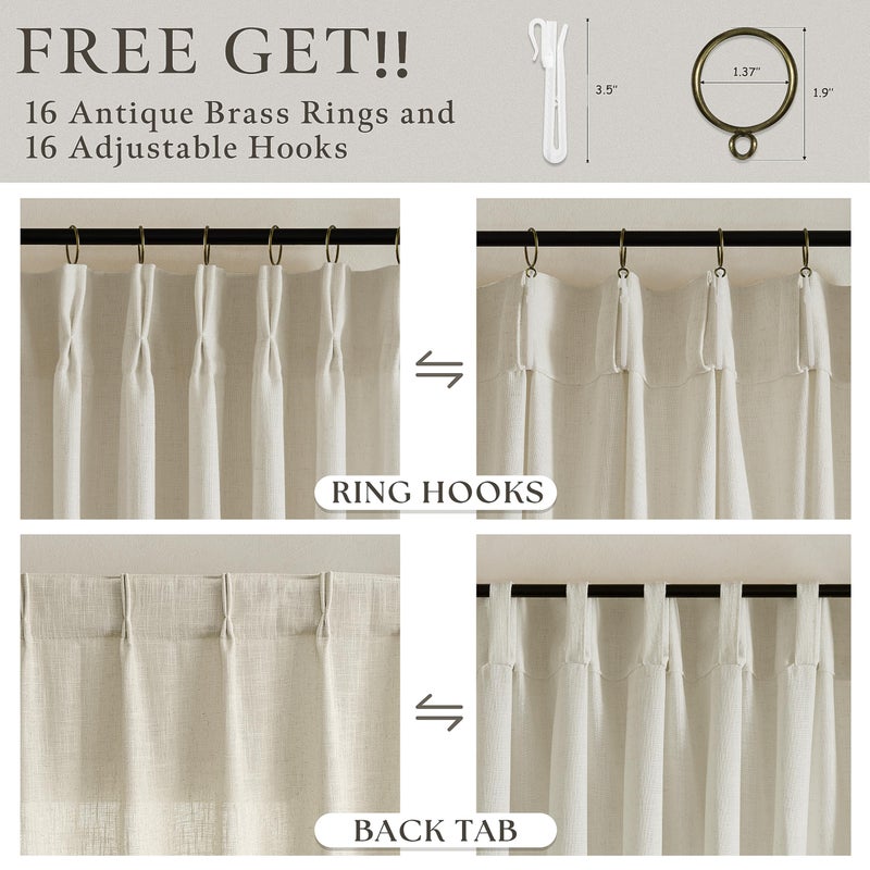 TWODRAPES Farmhouse Linen Curtains 90 Inches Long for Living Room Dining 2 Panels Burlap Flax Pinch Pleated Drapes Hooks Rings Rustic Light Filtering Semi Sheer Tan Beige 90 Inch Curtain for Bedroom W50xL90 - Image 4