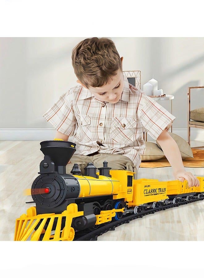 DURKU Yellow Battery-Powered Classic Electric Train Set for Kids, Featuring Engine and Cargo Car on Long Track with Sound - Perfect Toy Gift for Boys and Girls Ages 3+ - Image 1