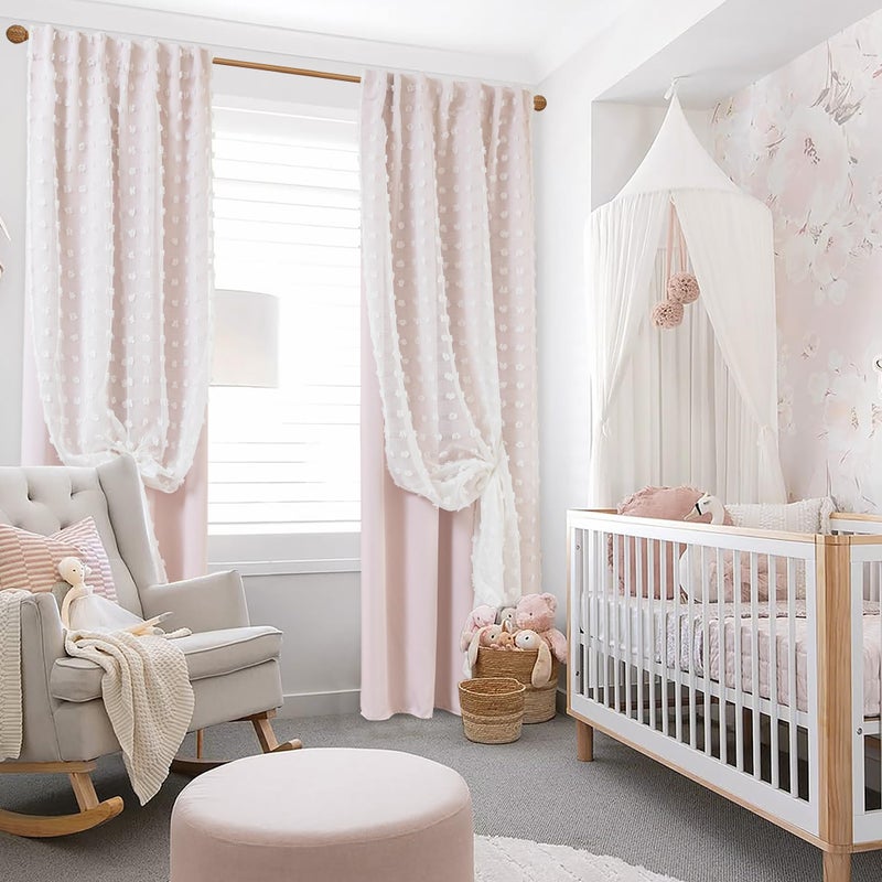 Lino Rosa Short Blackout Curtains for Bedroom Windows,Boho Pink White Sheer Overlay Pom Pom Ruffle Double Layer Privacy Curtains for Nursery Girls Room Bathroom 45 Inch Length - Image 3