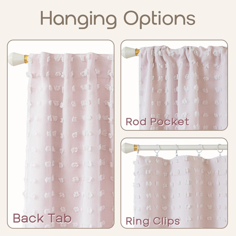 Lino Rosa Short Blackout Curtains for Bedroom Windows,Boho Pink White Sheer Overlay Pom Pom Ruffle Double Layer Privacy Curtains for Nursery Girls Room Bathroom 45 Inch Length - Image 4
