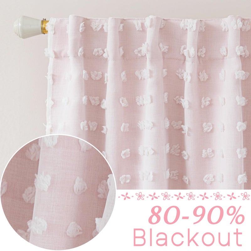 Lino Rosa Short Blackout Curtains for Bedroom Windows,Boho Pink White Sheer Overlay Pom Pom Ruffle Double Layer Privacy Curtains for Nursery Girls Room Bathroom 45 Inch Length - Image 2