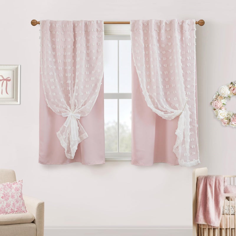 Lino Rosa Short Blackout Curtains for Bedroom Windows,Boho Pink White Sheer Overlay Pom Pom Ruffle Double Layer Privacy Curtains for Nursery Girls Room Bathroom 45 Inch Length - Image 1