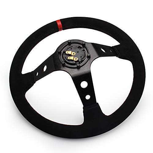 WENJTP 14" 350mm Deep Steering Wheel,Dish 6 Bolt with for Sport Racing Steering Suede Wheel Suede Horn Button US Included, Cable, Wrench? Napped Leather Red - Image 4