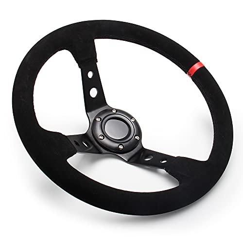 WENJTP 14" 350mm Deep Steering Wheel,Dish 6 Bolt with for Sport Racing Steering Suede Wheel Suede Horn Button US Included, Cable, Wrench? Napped Leather Red - Image 2