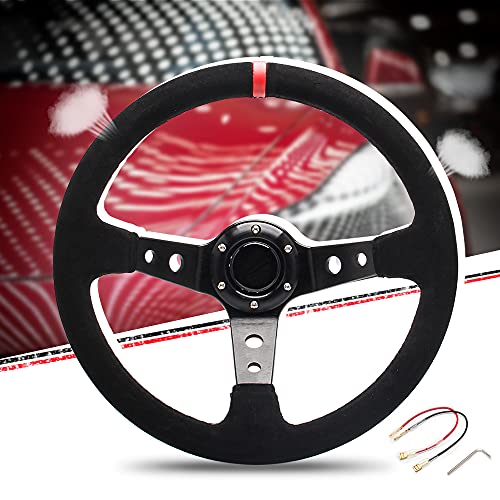 WENJTP 14" 350mm Deep Steering Wheel,Dish 6 Bolt with for Sport Racing Steering Suede Wheel Suede Horn Button US Included, Cable, Wrench? Napped Leather Red - Image 1