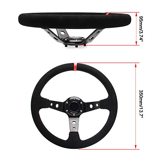 WENJTP 14" 350mm Deep Steering Wheel,Dish 6 Bolt with for Sport Racing Steering Suede Wheel Suede Horn Button US Included, Cable, Wrench? Napped Leather Red - Image 3