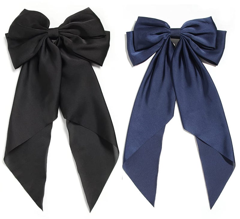 WHISKET Silky Satin Layered Hair Accessories for Women GirlsCute Hair AccessoriesRibbon Bows French Style BlackBlue - Image 1