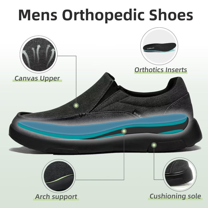 OrthoComfoot أحذية لوفر خفيفة الوزن للرجال من أورثوكومفوت، أحذية سطحية لعلاج التهاب اللفافة الأخمصية للأقدام المسطحة/القوس العالي، أحذية رياضية غير رسمية مطاطية خارجية سوداء مقاس 9.5 - Image 3