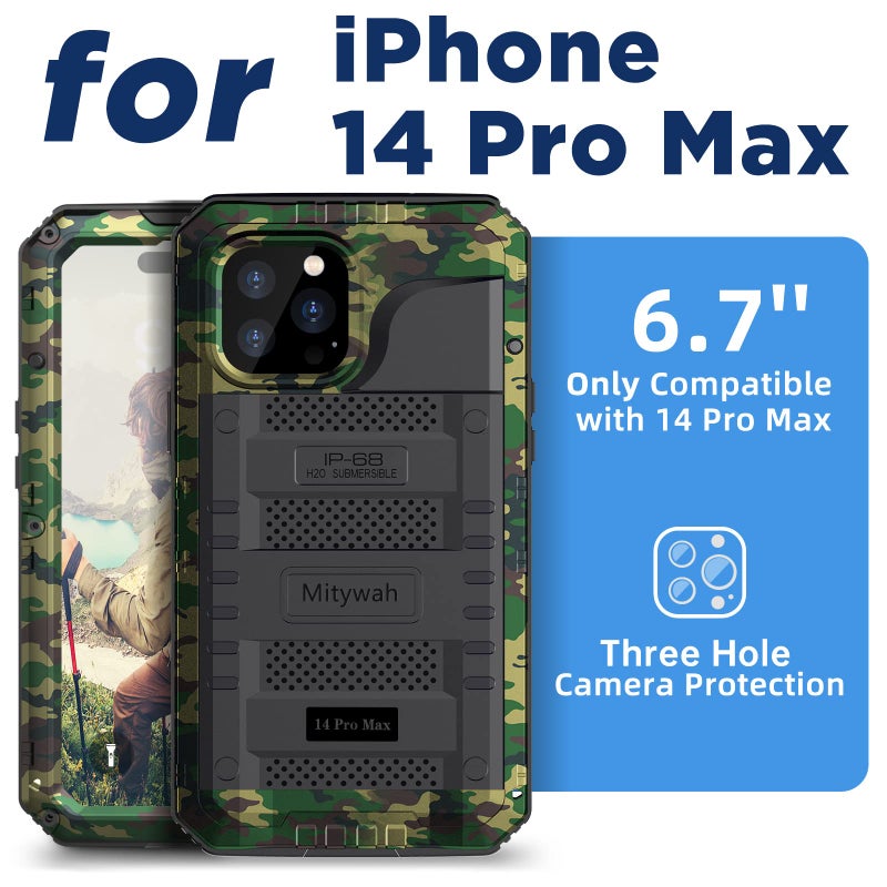 Mitywah Waterproof Case for iPhone 14 Pro Max, Heavy Duty Shockproof Case with Built-in Screen Protector, Full Body Underwater Protective Metal Case 6.7 inch, Camouflage - Image 2