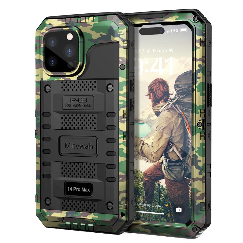 Mitywah Waterproof Case for iPhone 14 Pro Max, Heavy Duty Shockproof Case with Built-in Screen Protector, Full Body Underwater Protective Metal Case 6.7 inch, Camouflage - Image 1