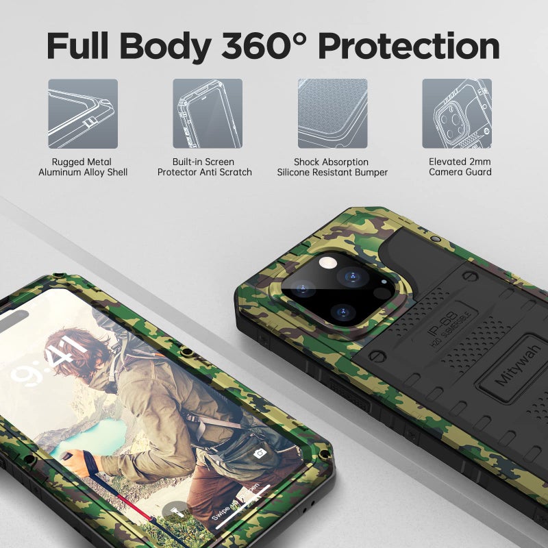 Mitywah Waterproof Case for iPhone 14 Pro Max, Heavy Duty Shockproof Case with Built-in Screen Protector, Full Body Underwater Protective Metal Case 6.7 inch, Camouflage - Image 5