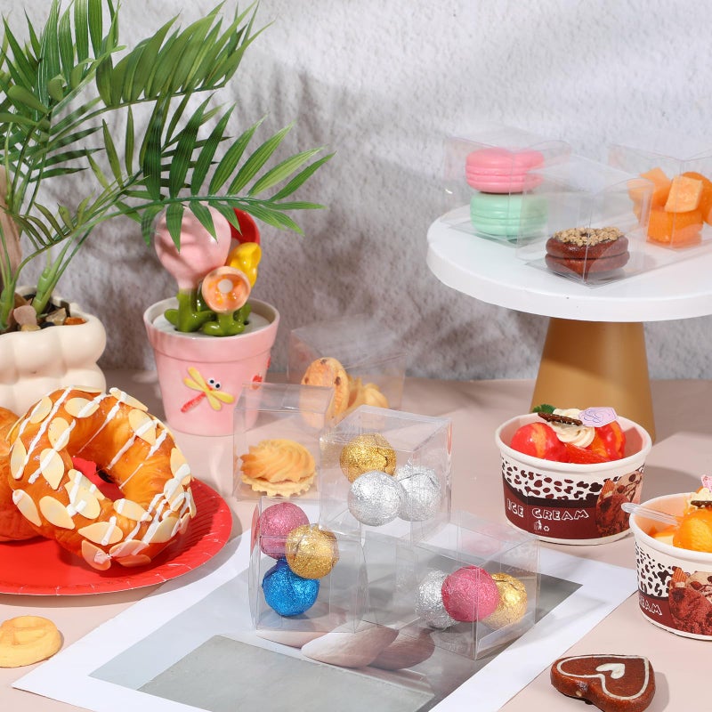 Lemecima 200 Pcs Clear Favor Boxes Transparent Plastic Gift Box Pet Treat Boxes Party Favor Containers for Packaging Cube Macaron Candy Birthday Wedding Party Baby Shower(2 x 2 x 2 Inch) - Image 5