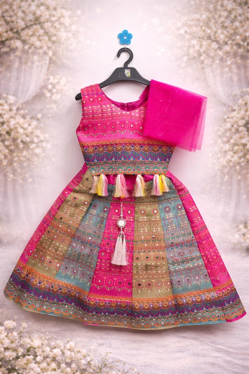 Girls Designer Lehenga / Langa Set with Dupatta – Festive Wear (Rani Pink /Hot Pink)