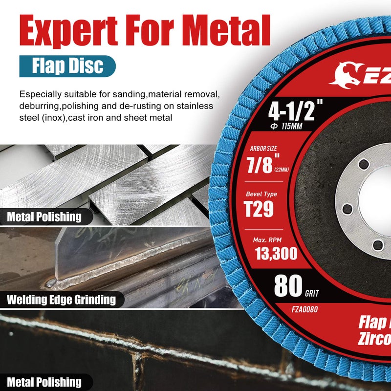 EZARC Flap Discs 80 Grit, 4 1/2 x 7/8-Inch Flap Sanding Disc, Type 29 Zirconia Grinding Wheel for Stainless Steel, Sheet Metal (10 Pack) - Image 4