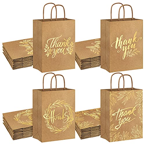 Whaline 16Pcs Thank You Party Bags Gold Foil Kraft Paper Gift Bags Brown Paper Bags with Handle Party Favor Bags for Wedding Birthday Baby Shower Party Favors 63 x 87 x 31inch 4 Styles - Image 2