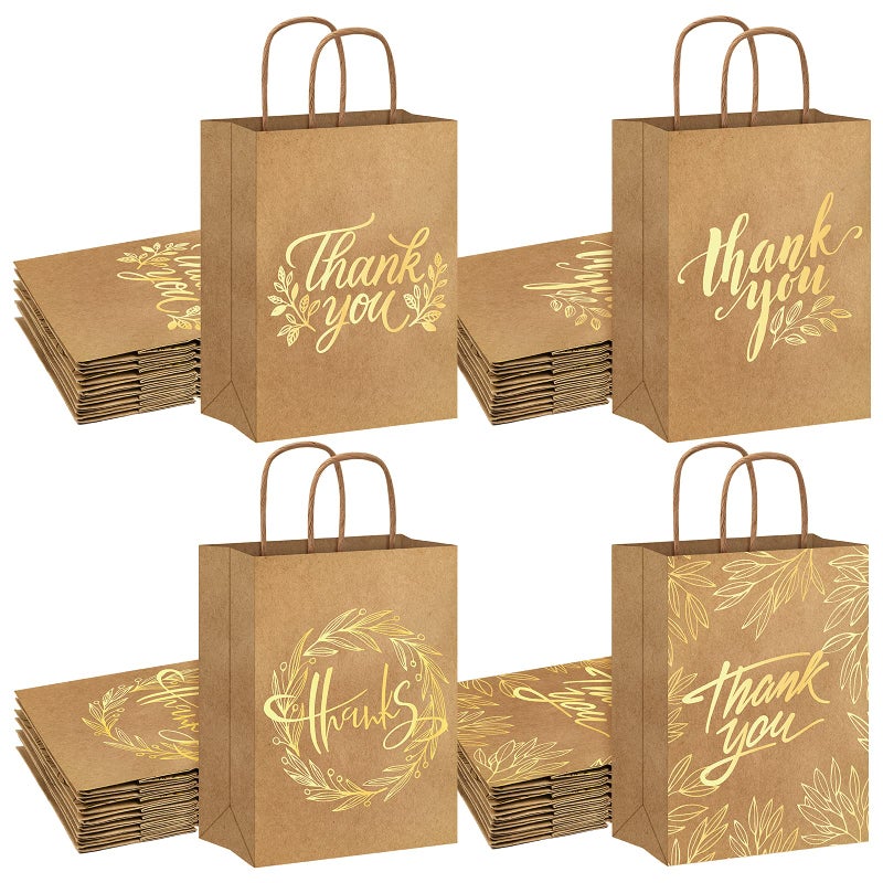 Whaline 16Pcs Thank You Party Bags Gold Foil Kraft Paper Gift Bags Brown Paper Bags with Handle Party Favor Bags for Wedding Birthday Baby Shower Party Favors 63 x 87 x 31inch 4 Styles - Image 3