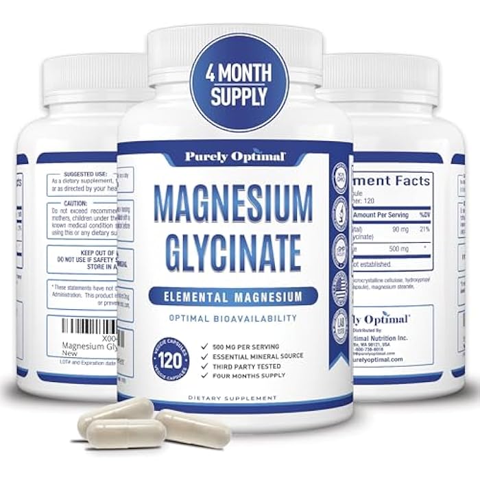 Purely Optimal Magnesium Glycinate 500mg – Sleep Support & Stress Relief – Gentle, High Absorption Magnesium Supplement for Muscle Relaxation, Calm & Nerve Support – 120 Capsules - Image 1