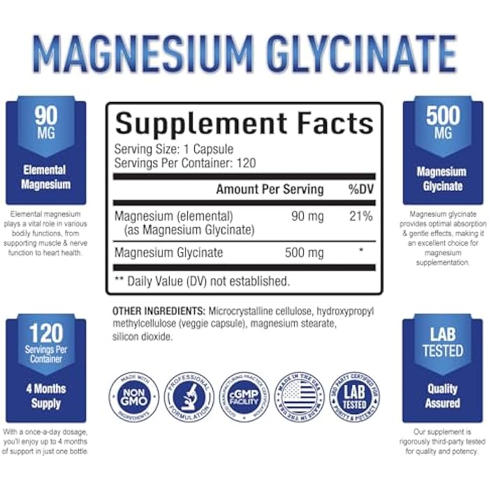 Purely Optimal Magnesium Glycinate 500mg – Sleep Support & Stress Relief – Gentle, High Absorption Magnesium Supplement for Muscle Relaxation, Calm & Nerve Support – 120 Capsules - Image 2