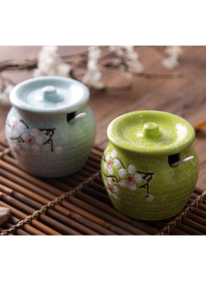 123Arts Ceramics Japanese Flower Sugar Bowl Seasoning Pot Salt Pepper Storage Jar with Lid And Spoon free Blue - Image 5