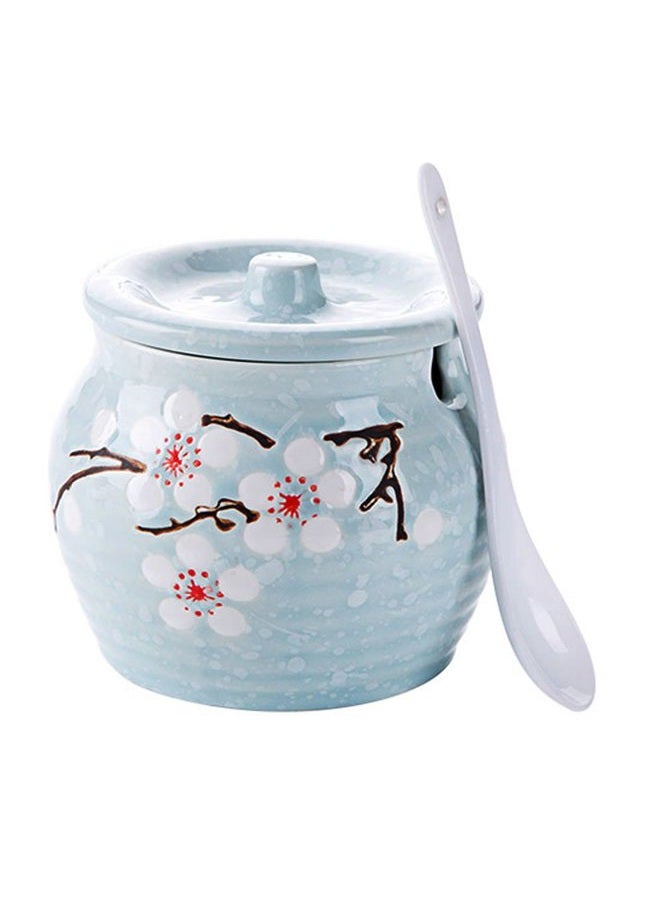123Arts Ceramics Japanese Flower Sugar Bowl Seasoning Pot Salt Pepper Storage Jar with Lid And Spoon free Blue - Image 1