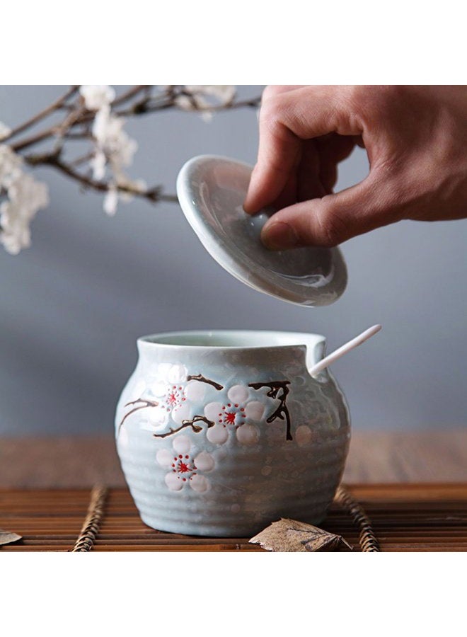 123Arts Ceramics Japanese Flower Sugar Bowl Seasoning Pot Salt Pepper Storage Jar with Lid And Spoon free Blue - Image 4