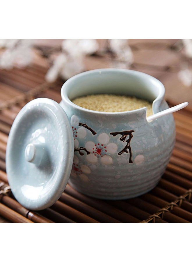 123Arts Ceramics Japanese Flower Sugar Bowl Seasoning Pot Salt Pepper Storage Jar with Lid And Spoon free Blue - Image 3