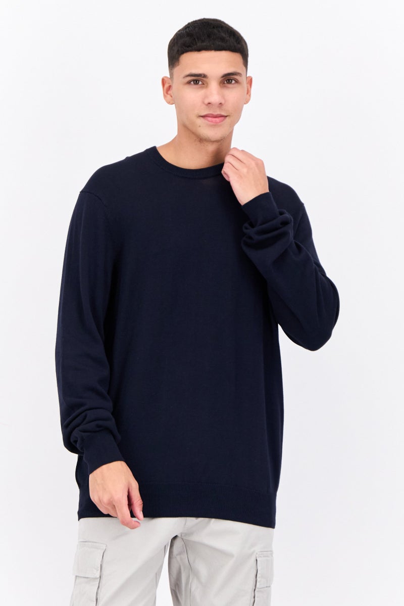 PERRY ELLIS Men Crew Neck Textured Long Sleeves Sweatshirt, Navy  - Image 1