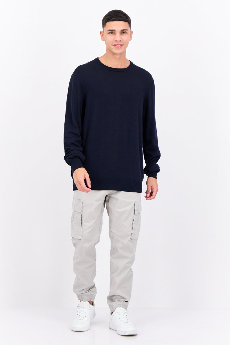PERRY ELLIS Men Crew Neck Textured Long Sleeves Sweatshirt, Navy  - Image 4