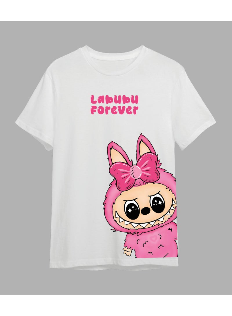 لابوبو تي شيرت LABUBU للأبد - ملابس كاجوال للجنسين بأكمام قصيرة، قميص قطني أبيض لطيف وعصري