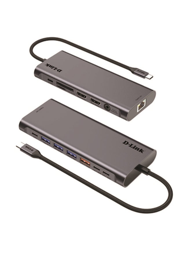 14-in-1 USB-C Hub with 3x USB-A 3.1 Ports, 2x USB-C Ports, 2x HDMI (4K@60Hz), Gigabit Ethernet, USB-C PD (100W), SD/TF Card Reader, 3.5mm Audio/Mic Jack | DUB-C114 Grey