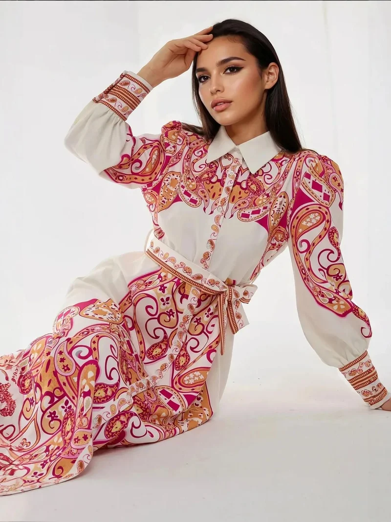 زوبعة فستان طويل مطبوع بحزام