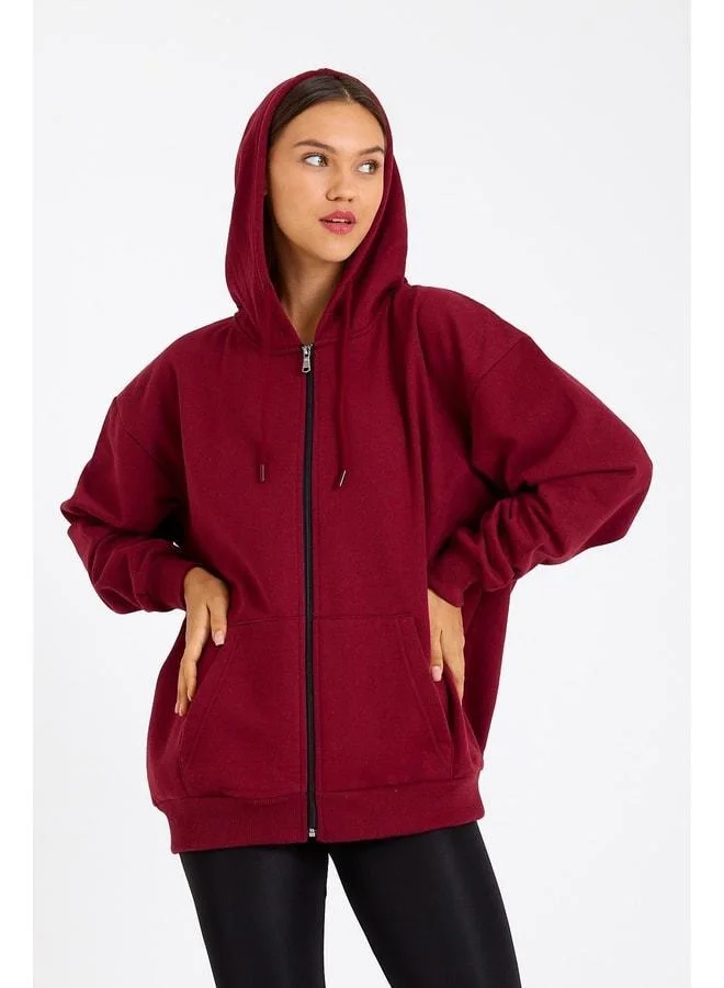 Mmetalic  Burgundy Oversized Women's Hooded Zippered Sweatshirt with Kangaroo Pocket and Cotton Lining for Women | Best Price UAE