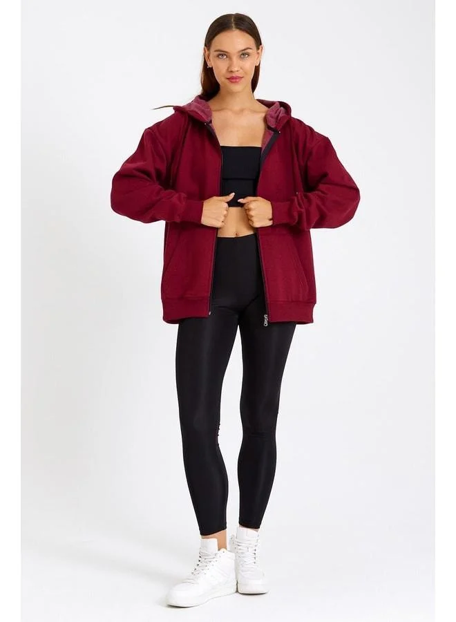 Mmetalic Burgundy Oversized Women's Hooded Zippered Sweatshirt with Kangaroo Pocket and Cotton Lining