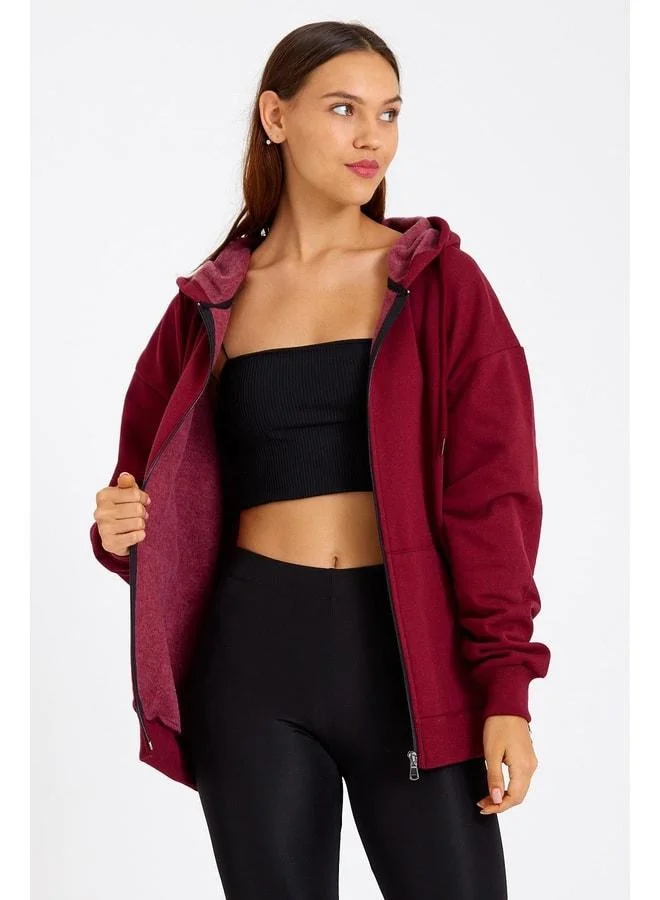 Mmetalic Burgundy Oversized Women's Hooded Zippered Sweatshirt with Kangaroo Pocket and Cotton Lining