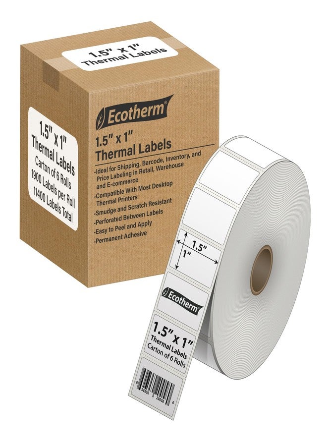 Ecotherm ملصقات حرارية مقاس 1.5 بوصة × 1 بوصة | 6 لفات | 11400 ملصق | متوافقة مع طابعات الملصقات الحرارية من زيبرا، جودكس، أركسكان، آي دي بي آر تي، أوفنوفا وغيرها | ملصقات لاصقة بيضاء فارغة من إيكوثيرم - Image 1