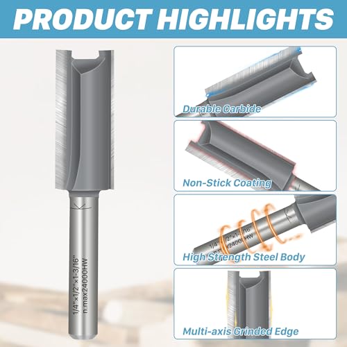 KEENTECH 7Pcs Straight Router Bit Set 1/4 Shank, Cutting Dia 1/8" 5/32“ 3/16” 1/4“ 5/16” 3/8“ 1/2”, Straight Router Bit for Woodworking - Image 3