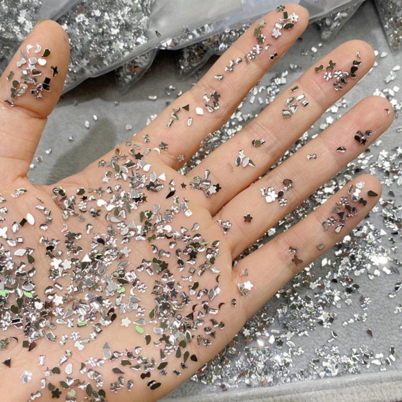 Sevgob 1000PCS Silver Mini Rhinestones Nail Art Charms Multi Shape Crystal Flat Back Nail Gems 3D Moon Heart Star Flower Nail Diamonds Kawaii Nail Crafts Acrylic Nail Rhinestone for Women Girls DIY Manicure - Image 3